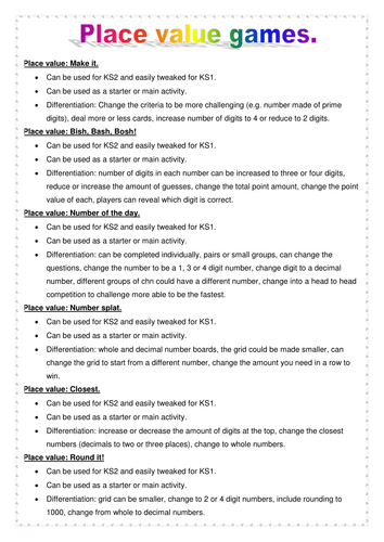 Maths KS2 KS1 Place value games whole and decimal numbers