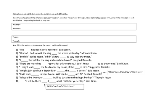 HOMOPHONE ACTIVITY. Weather/ Whether+ Threw/ Through. Correction task and answers. 