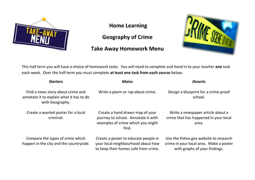 Geography of Crime Take Away Homework Menu