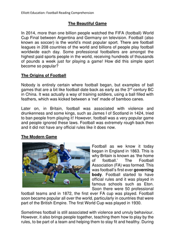 Upper Key Stage 2 year 5/6 Football themed Reading Comprehension