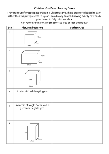 Christmas Eve Panic - Surface Area of Cubes and Cuboids