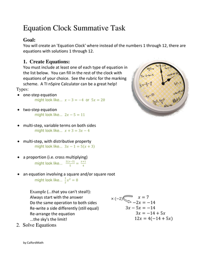 Equation Clocks - Rich Assessment Task