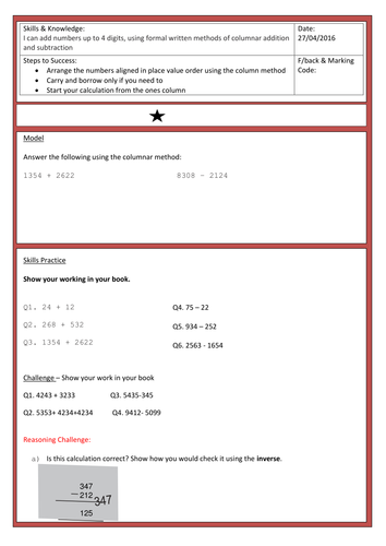 Addition and Subtraction Flip charts and differentiated worksheets including reasoning questions.