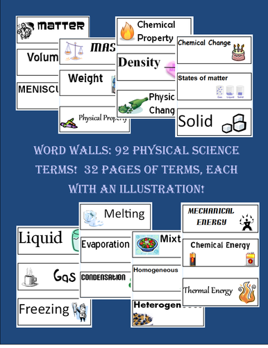 Physical Science Word Wall-92 Key Terms! (With Picture Clues)