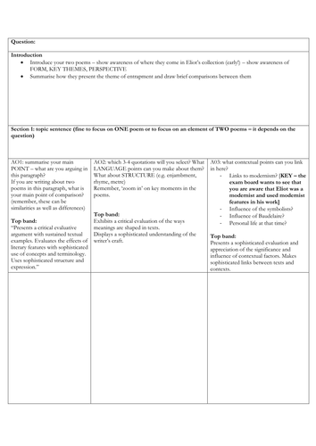 Poetry essay planning sheet picture