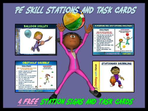 PE Skill Stations and Task Cards! - “4 Free Station Signs and Task Cards”