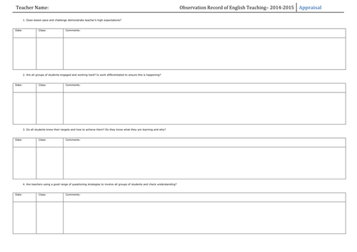 Observation Record for use with departmental learning walks