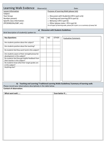 Learning Walk Evidence Proforma - to be used with HODs who are observing with a specific focus