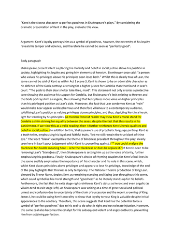 King Lear: Teacher exemplar paragraph exploring the role and presentation of Kent in the opening