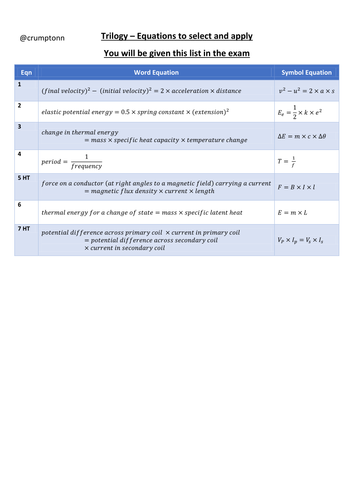 Trilogy Physics equations to select and apply