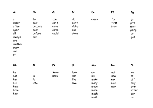 High frequency word mat