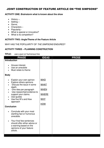 Joint construction of a feature article about the Simpsons activity and a lesson plan