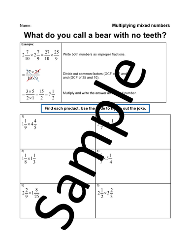 multiplying mixed numbers joke worksheet teaching resources