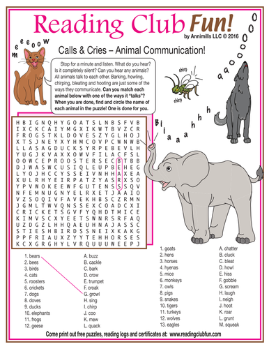 Calls & Cries (Animal Communication) Word Search Puzzle