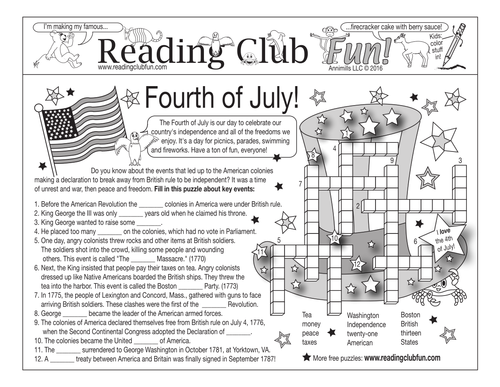 Bundle: Fourth of July (American Revolution events) Two-Page Activity Set and Crossword Puzzle