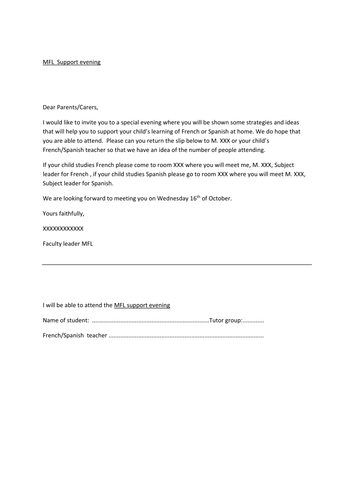 Letter to parents MFL evening