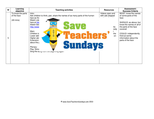 Parts of the Human Face KS1 Lesson Plan and Worksheet