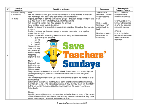 Names of Mammals KS1 Lesson Plan and Matching Activity