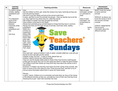 Names of Bird, Reptiles, Amphibians and Fish KS1 Lesson Plan, Matching Activity & Comparing Display