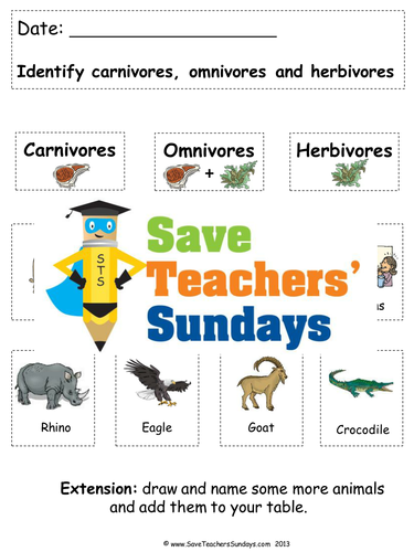 Carnivores and Herbivores  KS1 Lesson Plan, Worksheets and Display Card