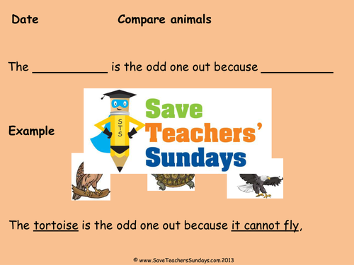Comparing Animals Odd one Out KS1 Lesson Plan, Model Worksheet and Writing Frame 