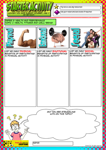 NEW Edexcel GCSE PE Starter Activity Lesson 3  - Health Fitness and Wellbeing