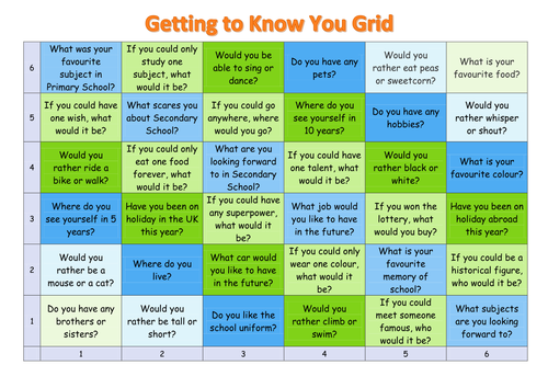 Getting to know you grid - suitable for year 7 inductions