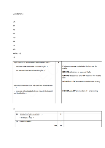 Year 12 Chemistry Baseline Test - Transition From Year 11