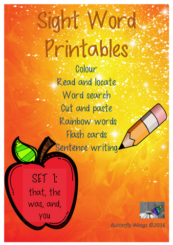 Sight Words Printables Set 1: that,the, was, and, you