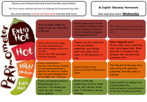 Selection of homework tasks for Romeo and Juliet