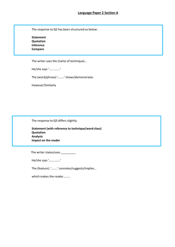 8700 AQA GCSE English Language Paper 1 and Paper 2 Section A Question Structures and Sentence Stems