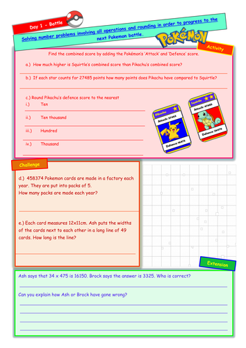 Pokemon Consolidation Week - rounding, translating, angles, all operations 5 worksheets Year 5/6 KS2