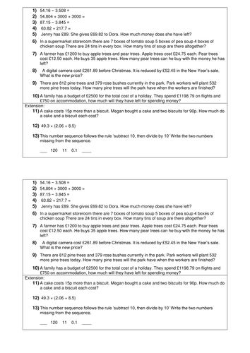 KS2 - Addition and Subtraction - decimals - HA/MA - word problems - past SATS questions - Year 5 6