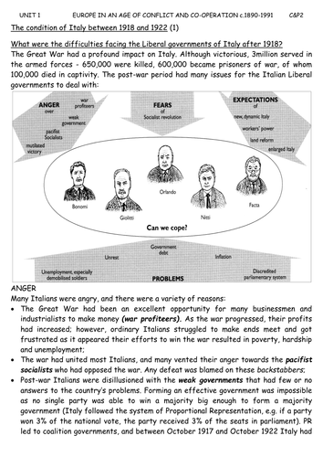 Mussolini  - how and why was he appointed Prime Minister in 1922? A level resource pack