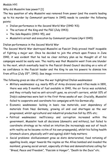 Mussolini - what factors contributed to his downfall in 1943? A level resource pack
