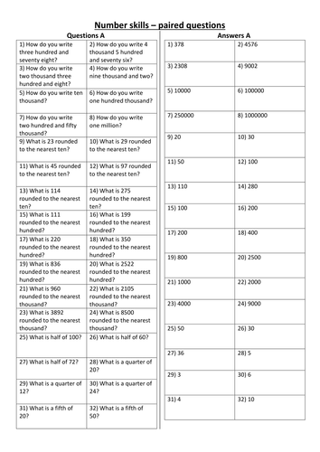 Paired questions - Number skills