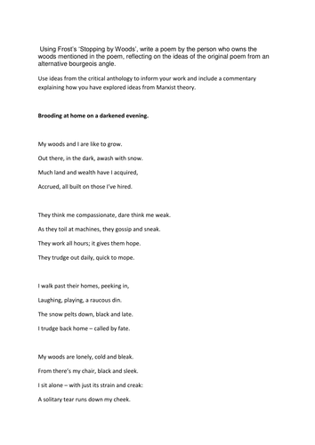 Stopping by Woods - Robert Frost Creative Response and Commentary - AQA Specification B NEA Marxism