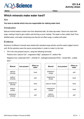 GCSE Chemistry C3 Series of lessons for water topic