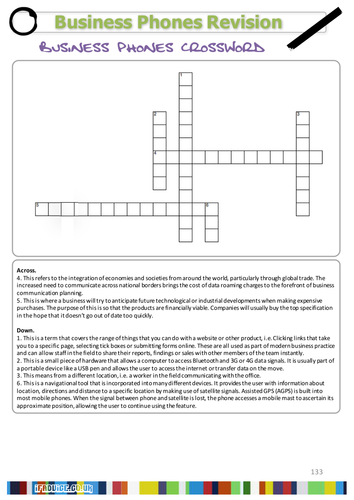 GCSE ICT Business Phones Literacy Crossword