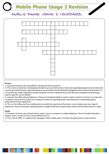 Mobile Phone Usage 2 Literacy Crossword GCSE ICT