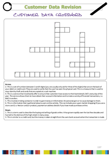 GCSE ICT Customer Data Literacy Crossword