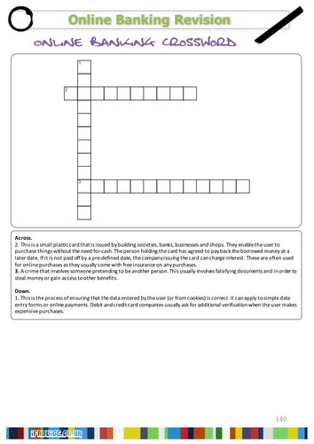 GCSE ICT Online Banking Literacy Crossword