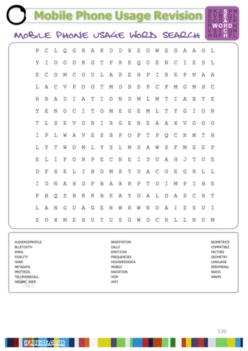 GCSE ICT Mobile Phone Usage Literact Wordsearch