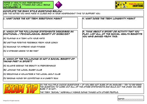NEW Edexcel GCSE PE Exam Style questions homework sheet Unit 2 Topic 1 