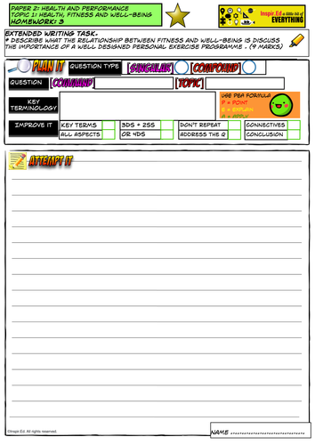 NEW Edexcel GCSE PE Extended Writing Homework Unit 2 Topic 1 - The impact of fitness on well-being