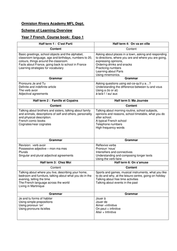 French Scheme of Work Expo Year 7