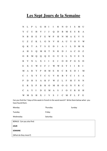 French Taster lesson:  Days of the week and greetings.  Including SONG