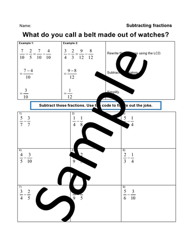 Subtracting Fractions - Joke Worksheet