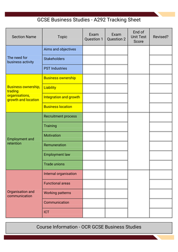 OCR Business - A292 Tracking Sheet