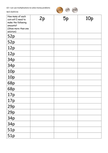 coins multiplication worksheets differentiated ks1 teaching resources